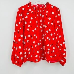 J. Crew Size Large Petite PL Red Floral Long Sleeve Ruffleneck Blouse Top